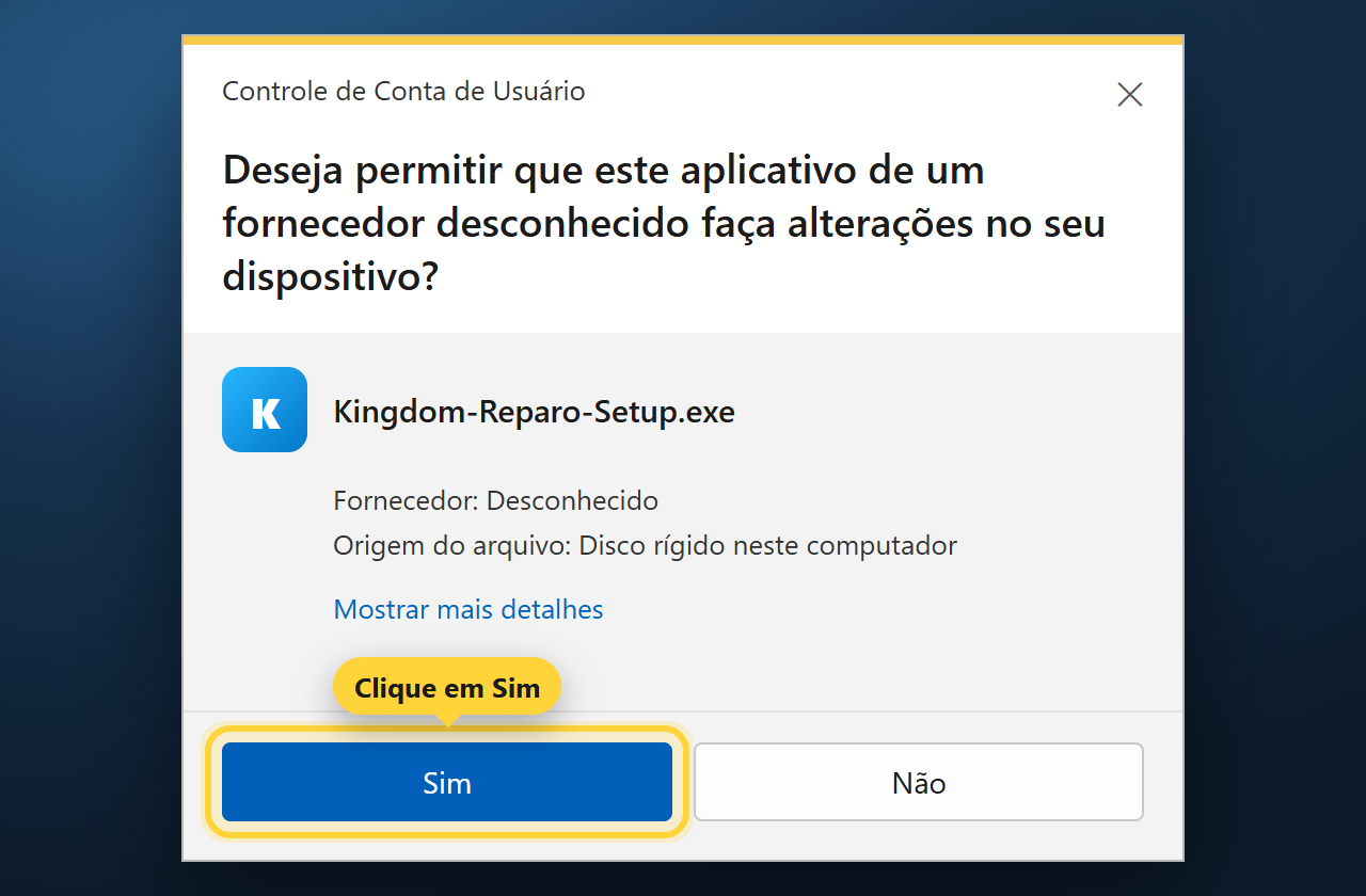 Janela do Windows perguntando se o app pode fazer alterações, com o botão Sim destacado