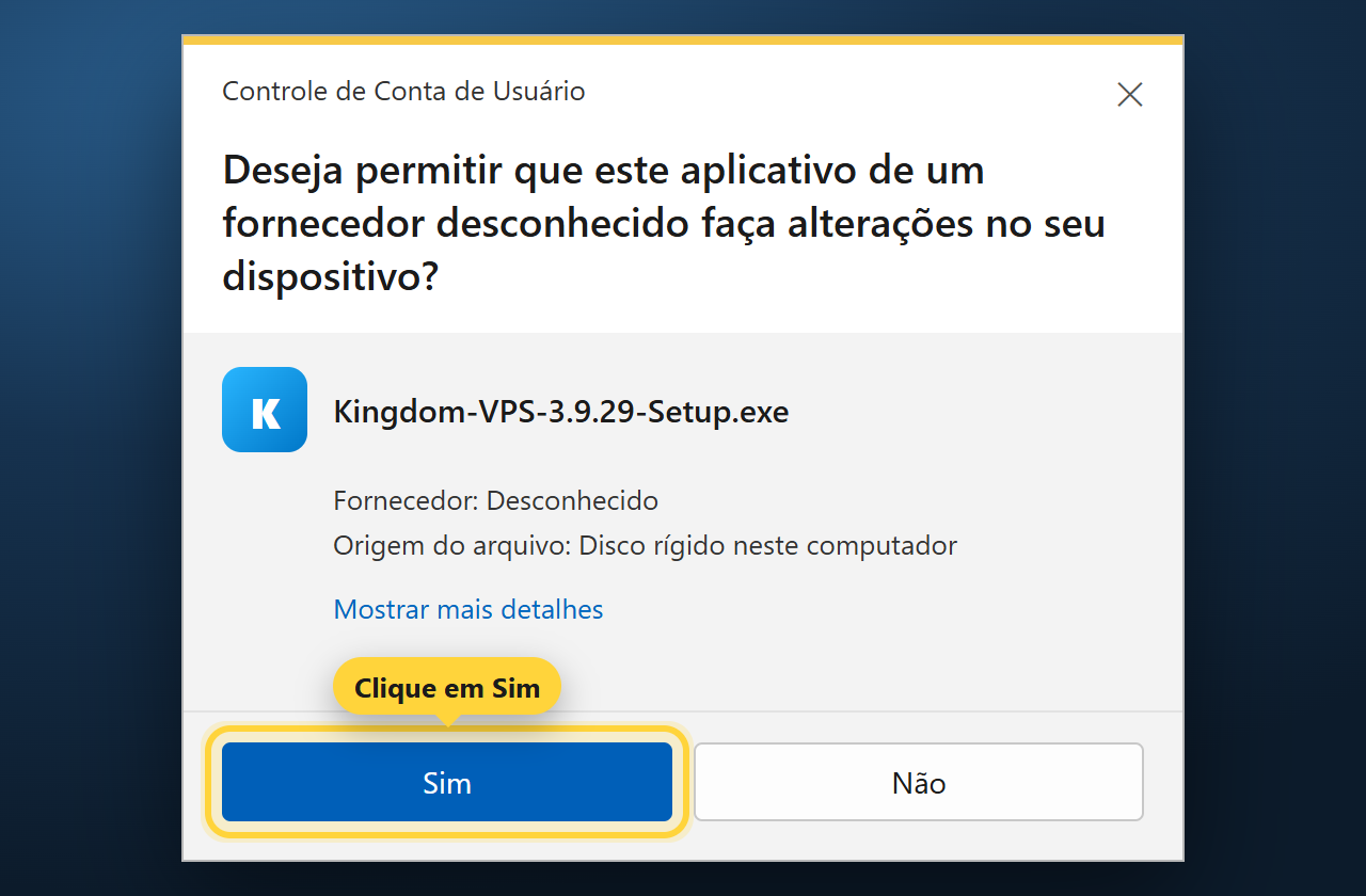 Janela do Windows perguntando se o app pode fazer alterações, com o botão Sim destacado