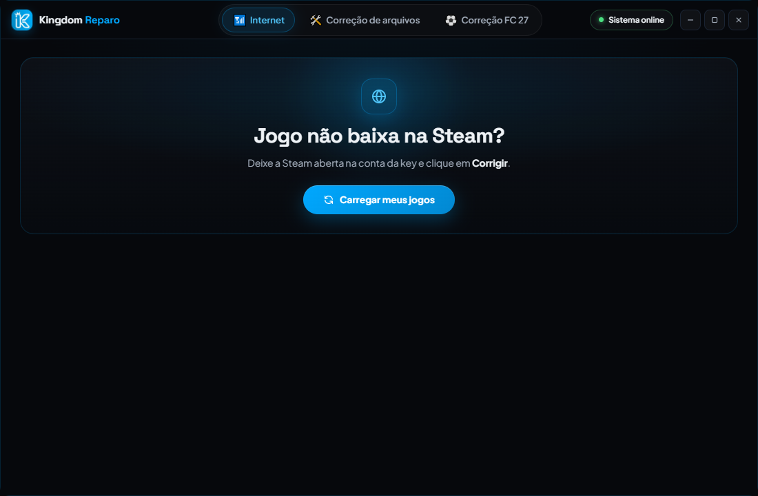 Aba Internet do Kingdom Reparo com o botão Carregar meus jogos