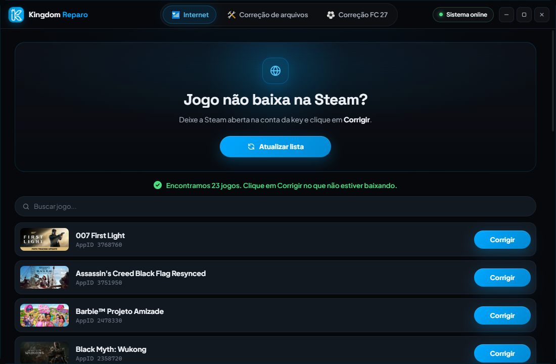 Lista de jogos na aba Internet, cada um com o botão Corrigir