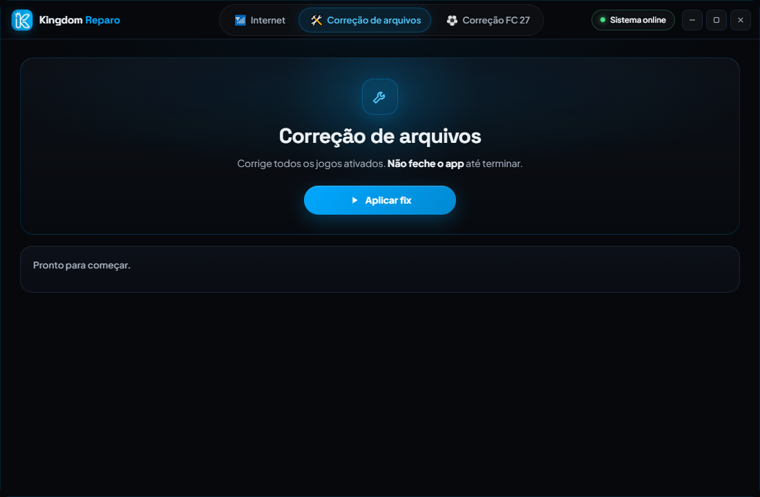 Aba Correção de arquivos do Kingdom Reparo com o botão Aplicar fix