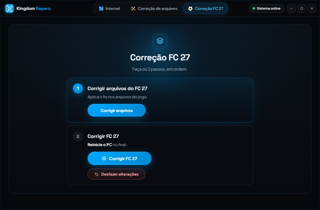 Aba Correção FC 27 com os dois passos: Corrigir arquivos e Corrigir FC 27