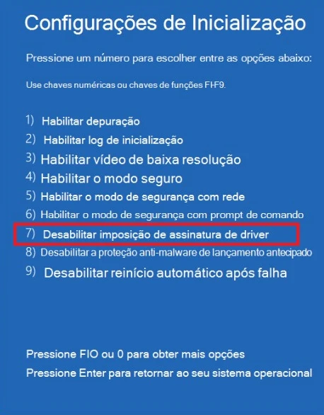 Tela azul Configurações de Inicialização com a opção 7 destacada