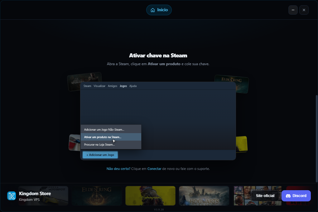 Guia do Kingdom VPS mostrando o menu Adicionar um Jogo com a opção Ativar um produto na Steam